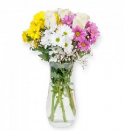  Çerkezköy Çiçek Siparişi cam vazoda renkli papatya beyaz gül